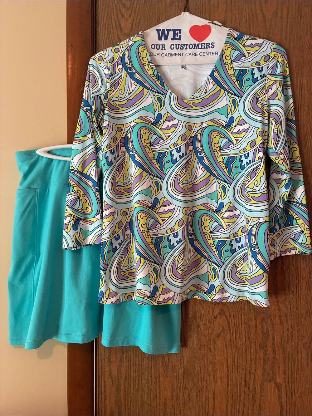 Women’s Turquoise Multi-Print V-Neck Top and Turquoise Skort